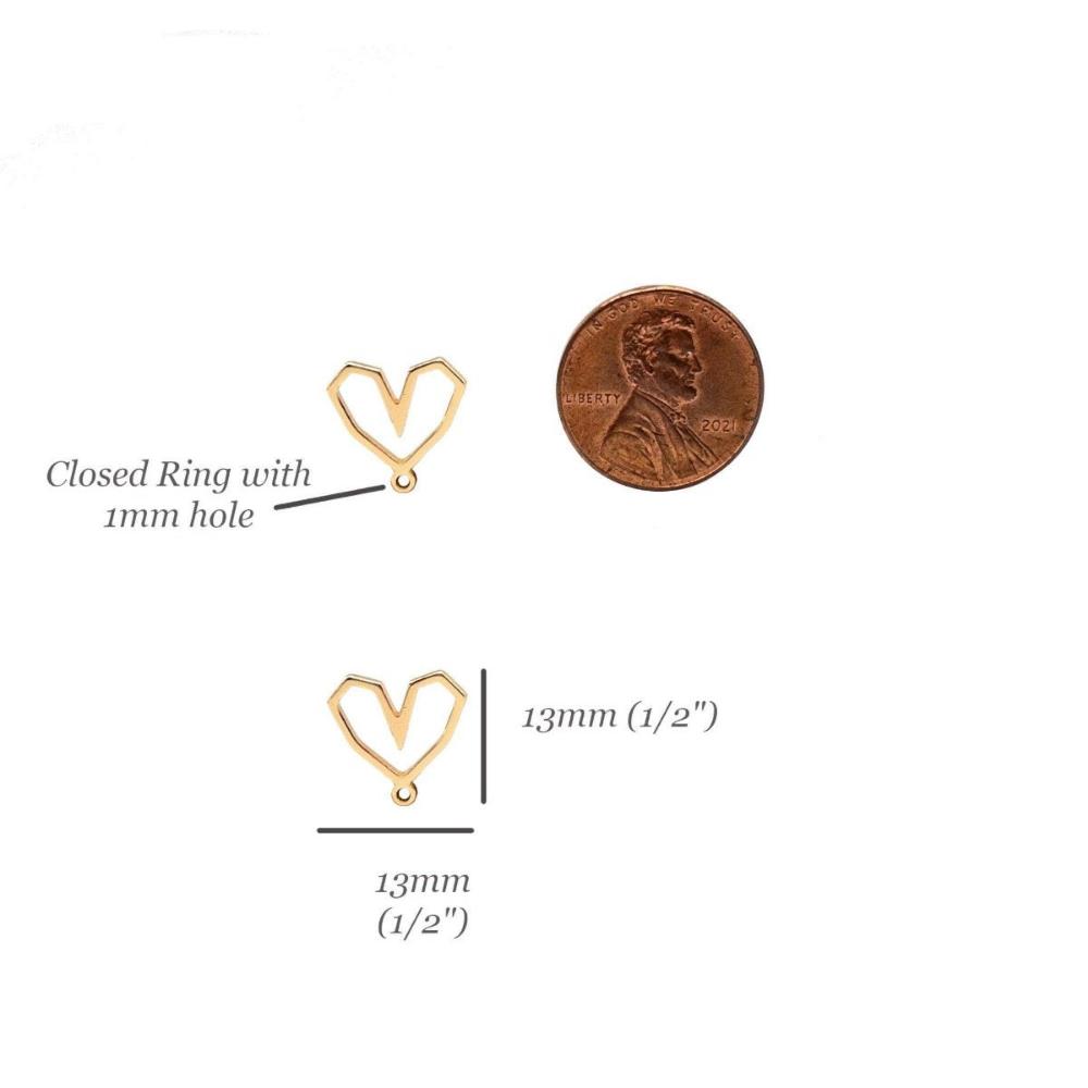 Geometric Hollow Heart Stud Earring with Loop, Small Heart Earring Findings, Lead & Nickel Free with 14K Gold Plating, Wholesale Welcome - UniqueBeadsNY